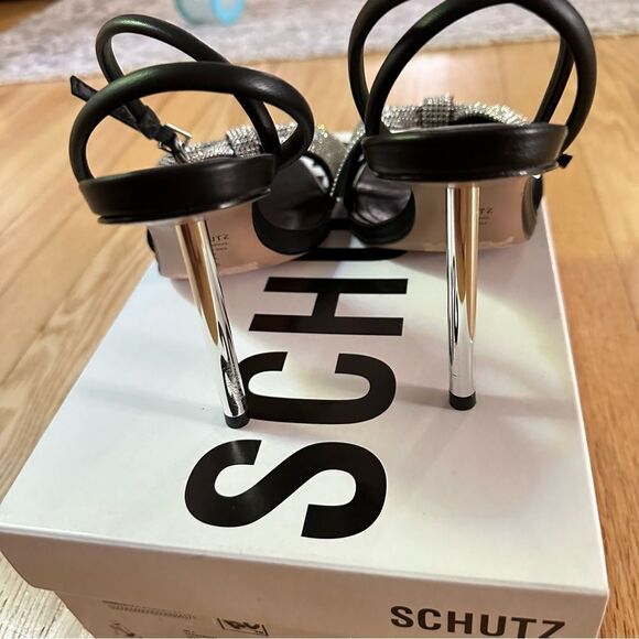 SCHUTZ Mila Square Toe Crystal Bow High Heel Sandals - Picture 6 of 9